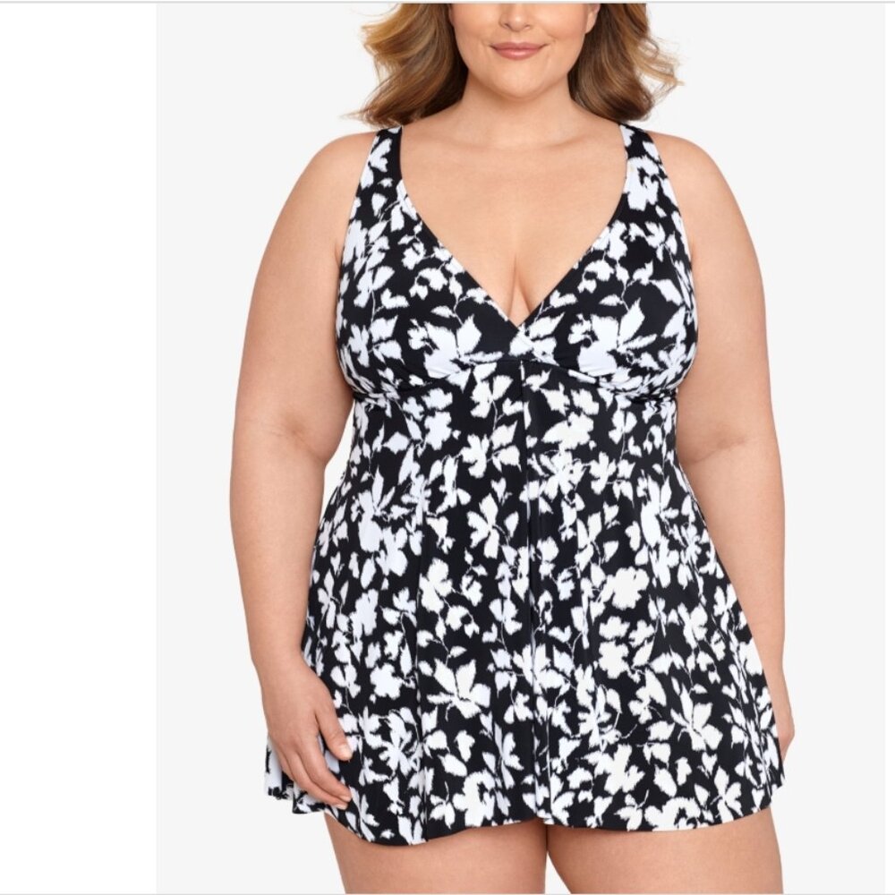Swim Solutions BLACK/WHITE Printed Tummy-Control Flyaway Swimdress US 16W